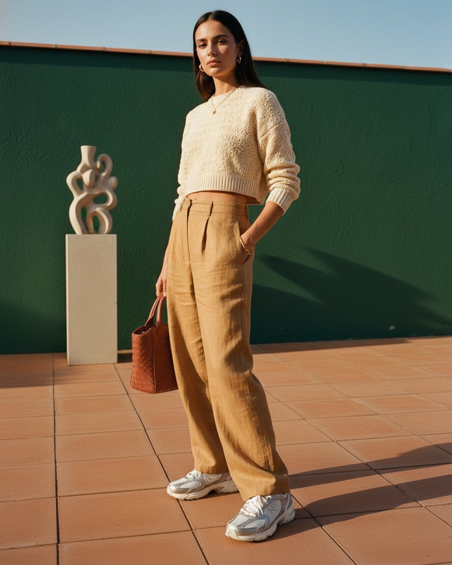 Risultato Outfit Set: lookbook coordinato con maglione panna, pantaloni cammello, borsa e sneaker