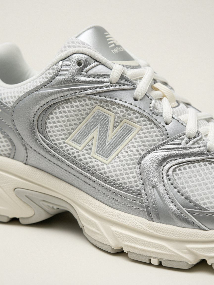Macro dettaglio sneaker: close-up sul logo N di New Balance, mesh argentato e tessuto reflective
