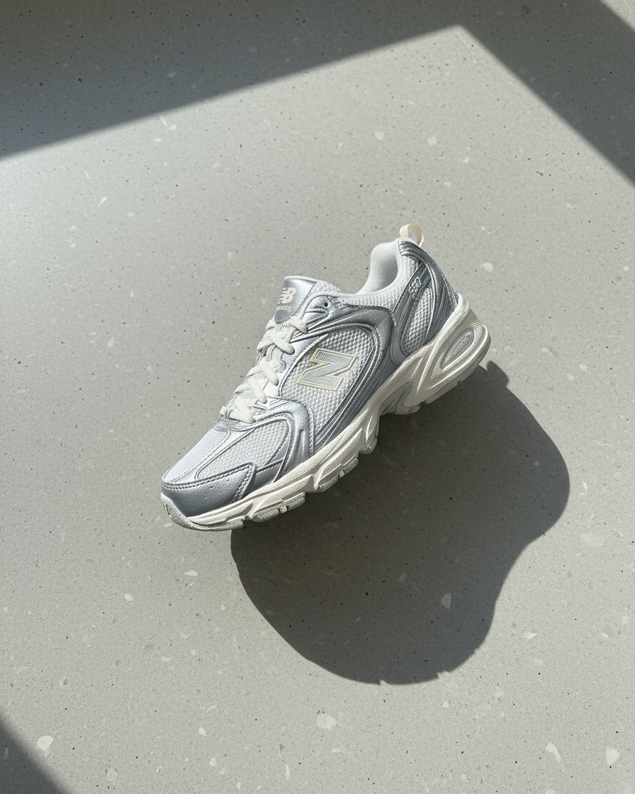 Packshot still life della sneaker su marmo chiaro, luce diffusa, adatto Amazon e Zalando